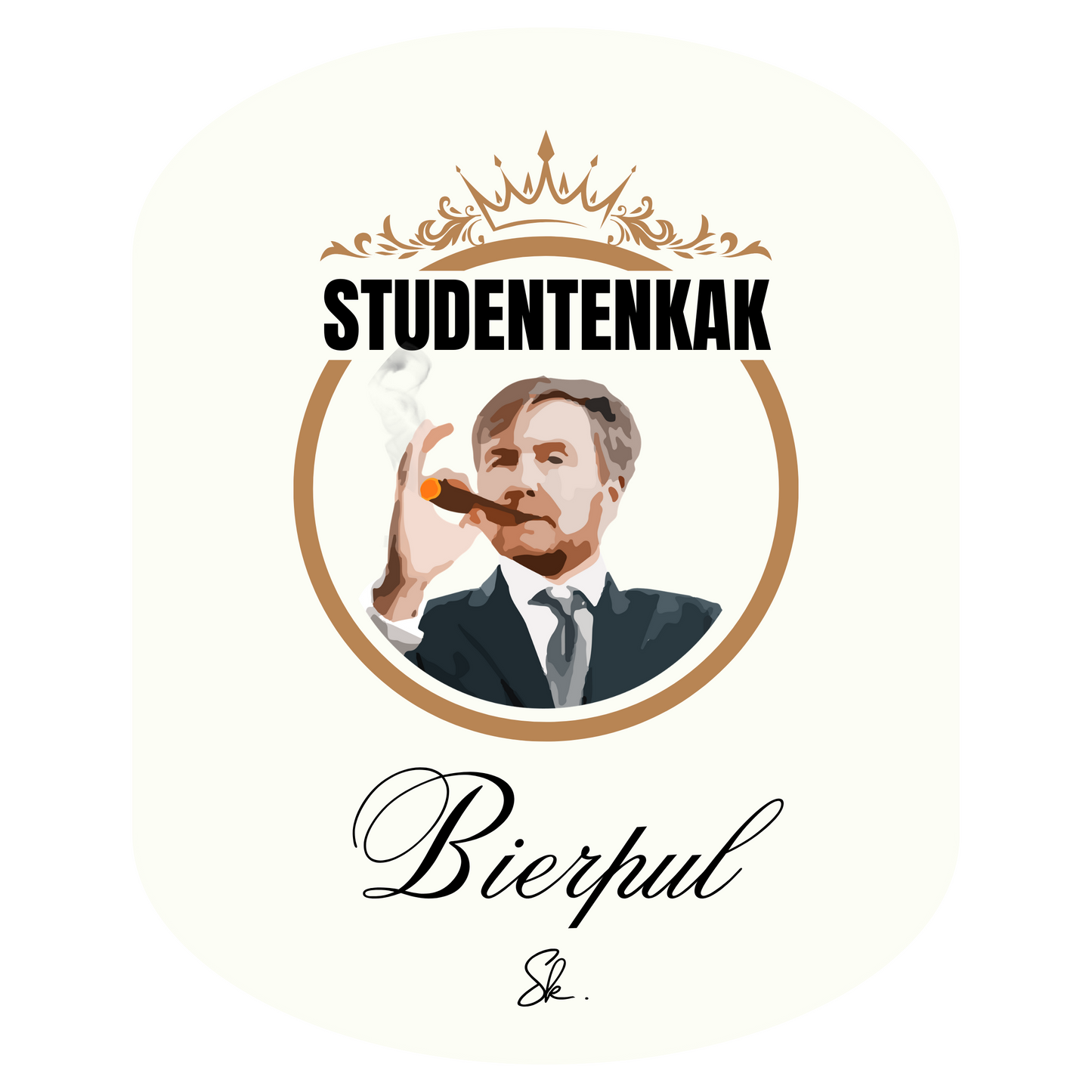 Design van 1 liter glazen bierpul van studentenkak met Willem Alexander als maffiabaas erop in de stijl van een oud biermerk.