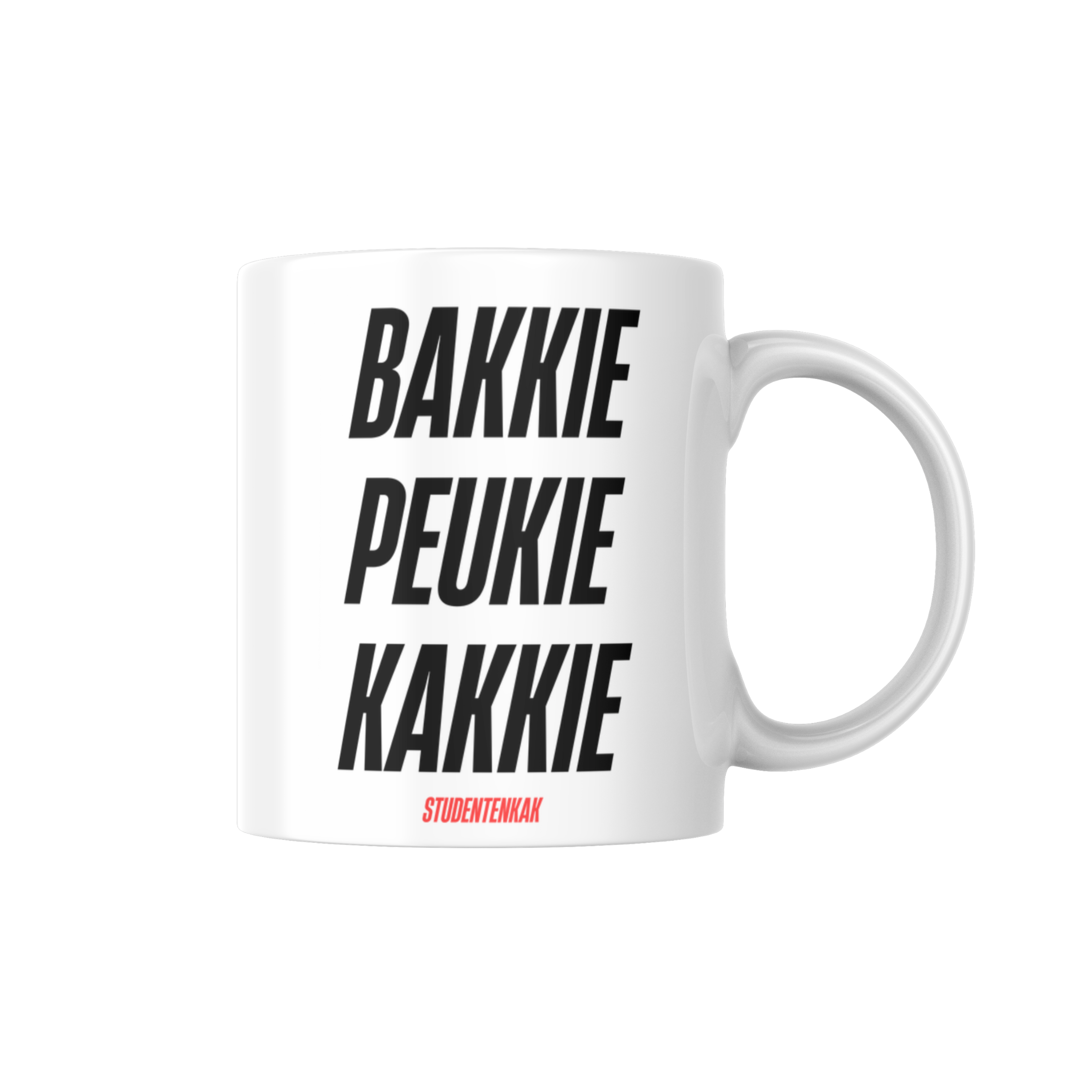 Zijaanzicht mok van Studentenkak met grappige tekst: "Bakkie Peukie Kakkie". Perfect als grappig cadeau voor vrienden en vriendinnen.