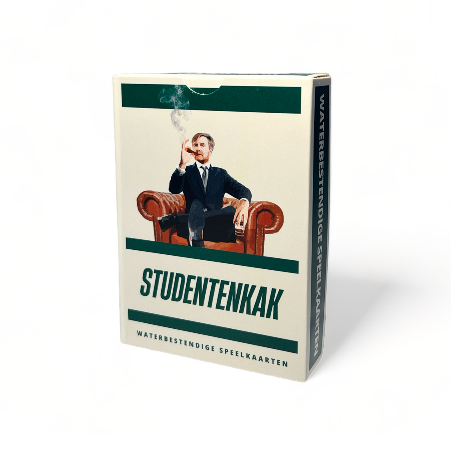 Voor en zij aanzicht van waterbestendig kaartspel van studentenkak: makkelijk schoon te maken door af te spoelen. Voorkant laat Willem Alexander zien als maffiabaas.