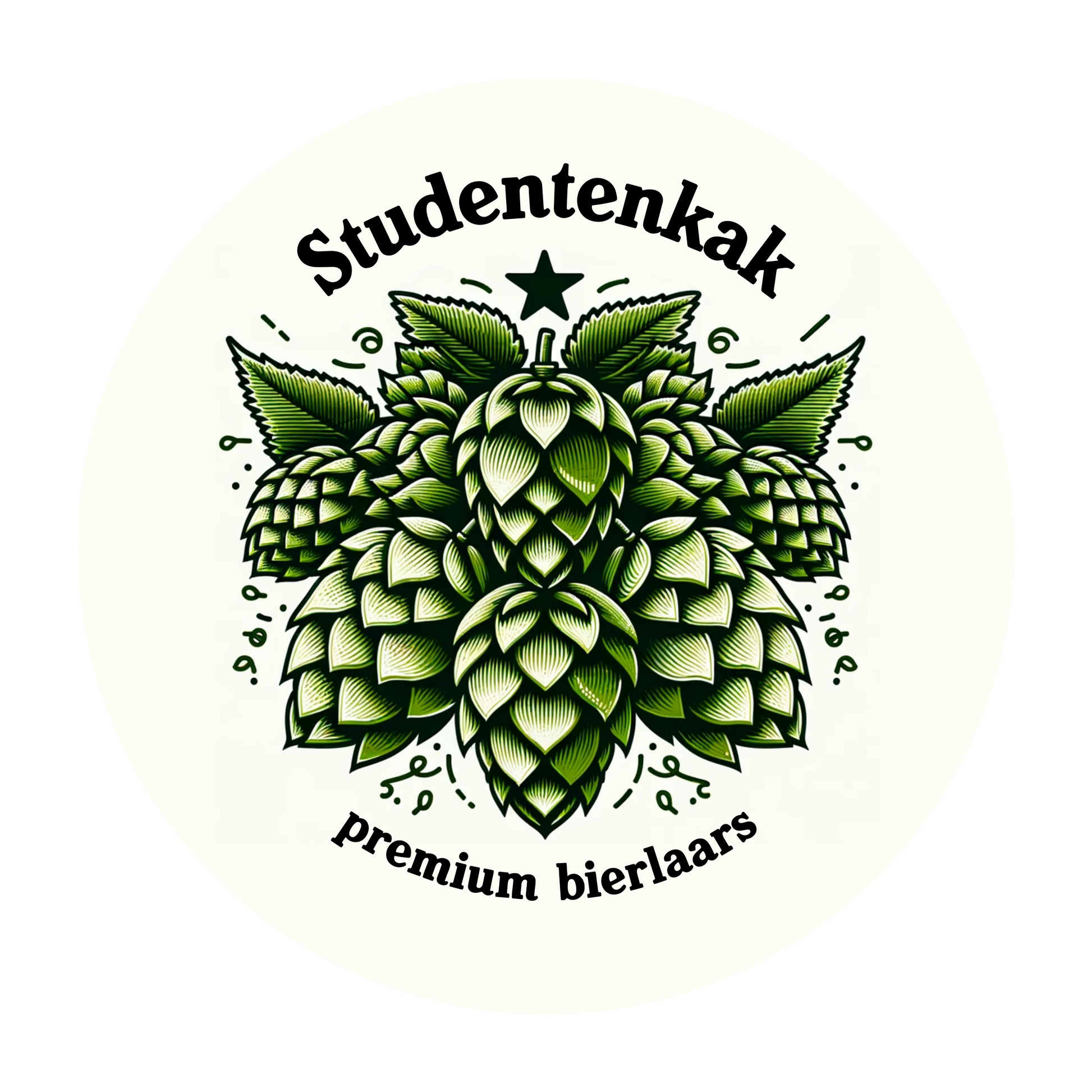 Uniek logo voor de premium bierlaars van Studentenkak, ronde sticker met groene hopillustratie.